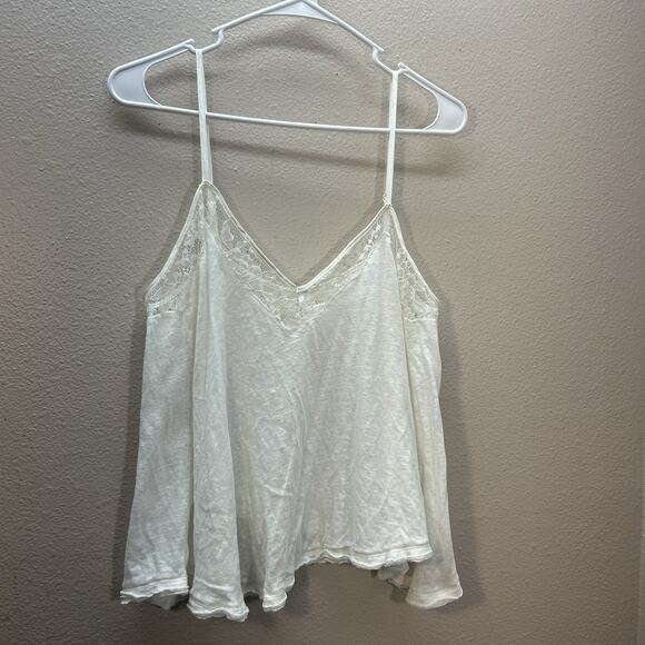 Free People Boho Linen Blend Lace Inset A-Line Cami Flowy Swing Tank Top SZ L - Picture 1 of 6